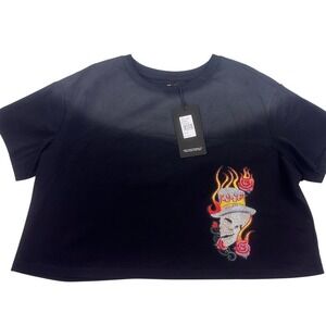 Poison Skull Flame Embellished Black Graphic T-Shirt XL NWT